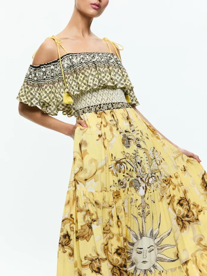 Alice Olivia KIA OFF THE SHOULDER TIERED MAXI DRESS Lisboa Lemon Meringue Women Dresses