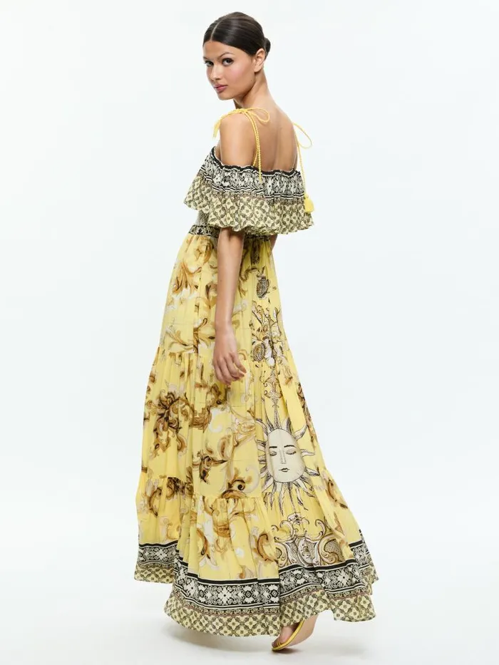 Alice Olivia KIA OFF THE SHOULDER TIERED MAXI DRESS Lisboa Lemon Meringue Women Dresses