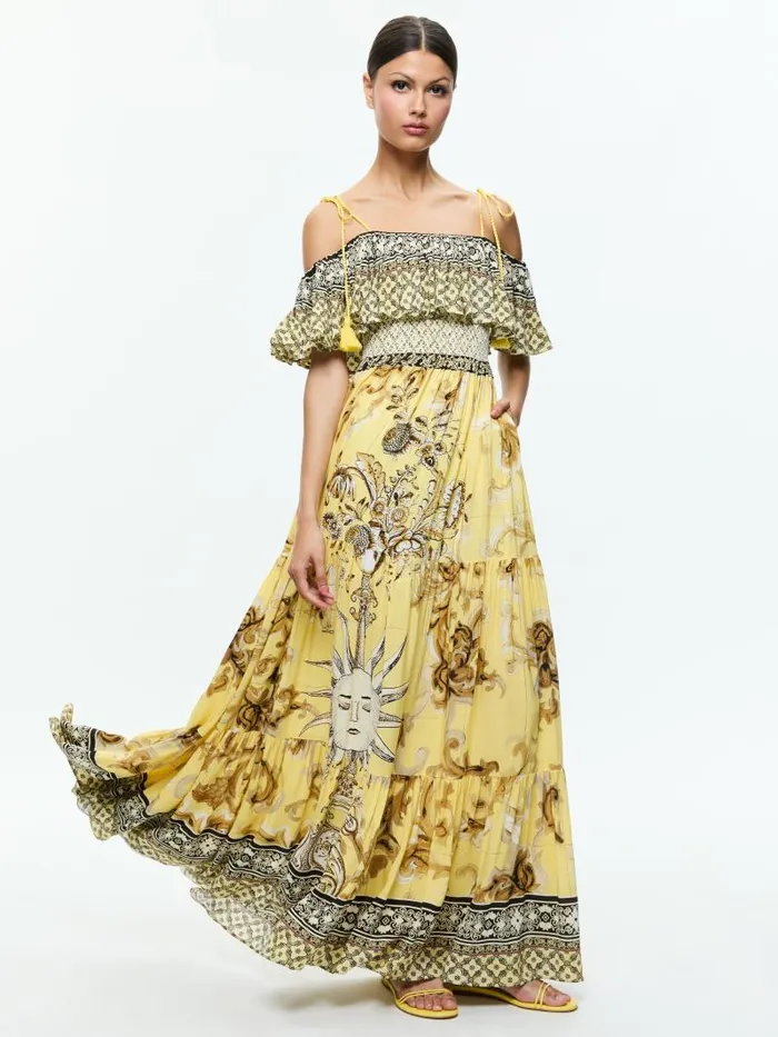 Alice Olivia KIA OFF THE SHOULDER TIERED MAXI DRESS Lisboa Lemon Meringue Women Dresses