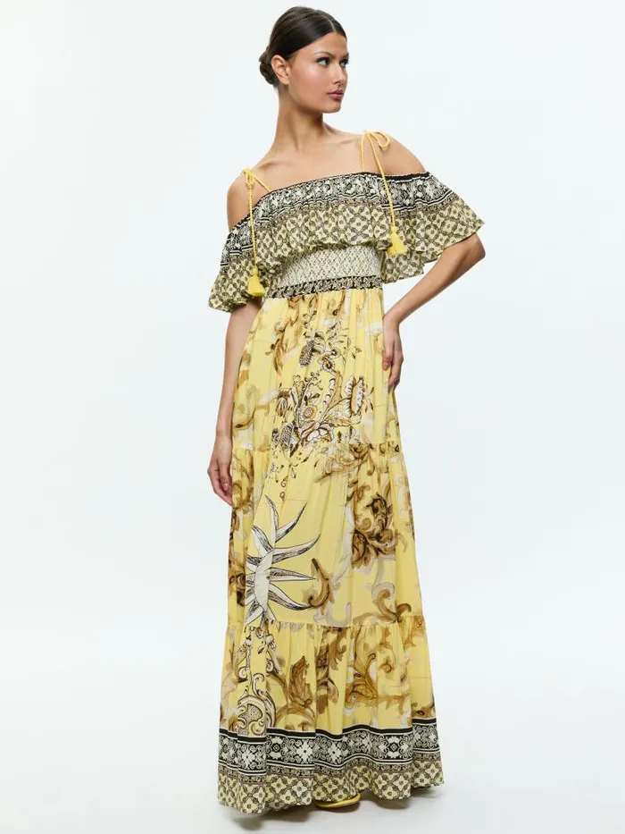 Alice Olivia KIA OFF THE SHOULDER TIERED MAXI DRESS Lisboa Lemon Meringue Women Dresses