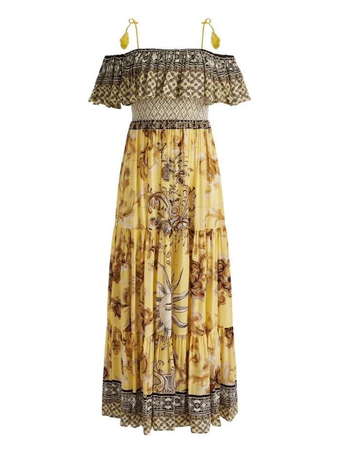 Alice Olivia KIA OFF THE SHOULDER TIERED MAXI DRESS Lisboa Lemon Meringue Women Dresses