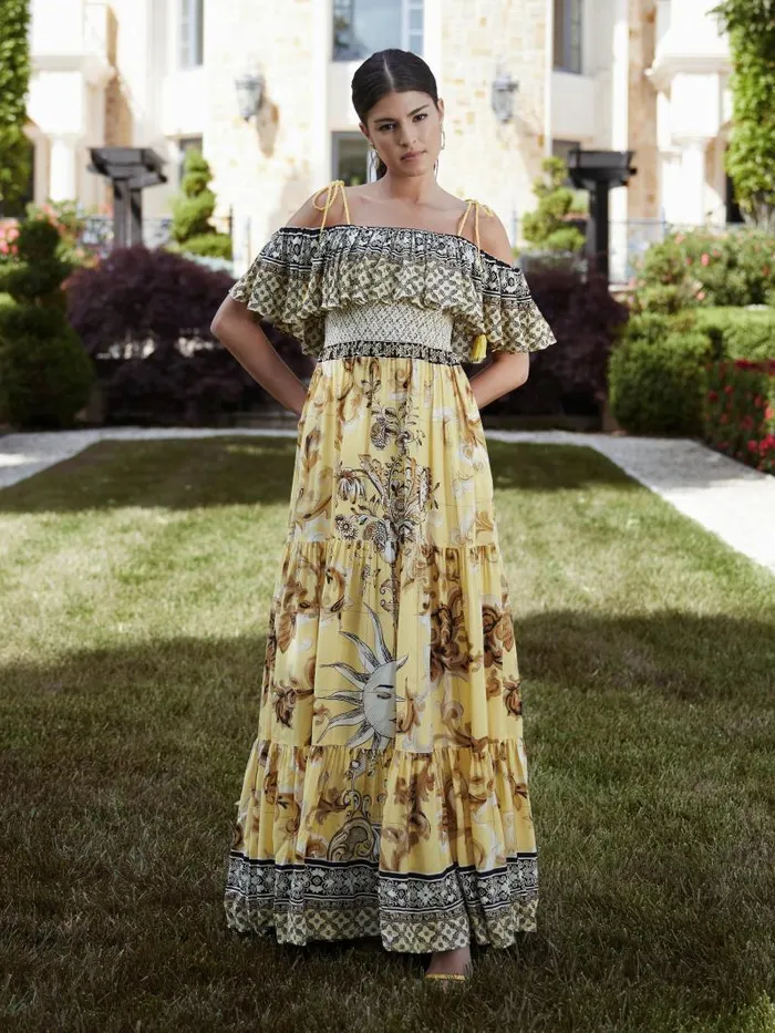 Alice Olivia KIA OFF THE SHOULDER TIERED MAXI DRESS Lisboa Lemon Meringue Women Dresses