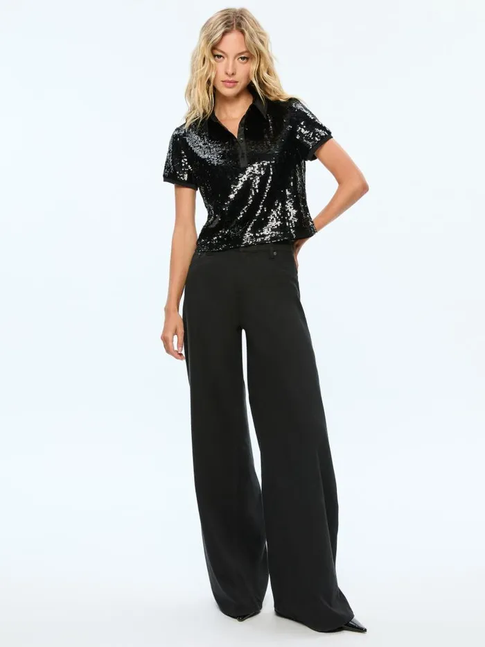 Alice Olivia KIT SEQUIN FITTED POLO SHIRT Black Women Tops