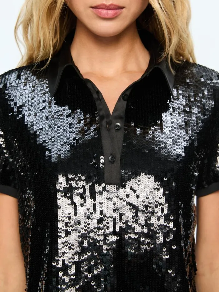 Alice Olivia KIT SEQUIN FITTED POLO SHIRT Black Women Tops