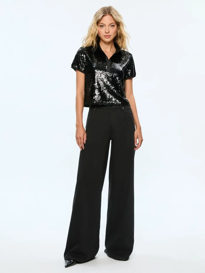 Alice Olivia KIT SEQUIN FITTED POLO SHIRT Black Women Tops