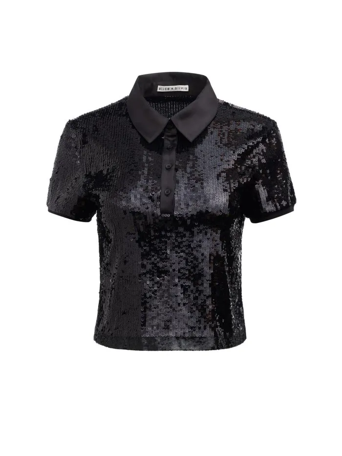 Alice Olivia KIT SEQUIN FITTED POLO SHIRT Black Women Tops