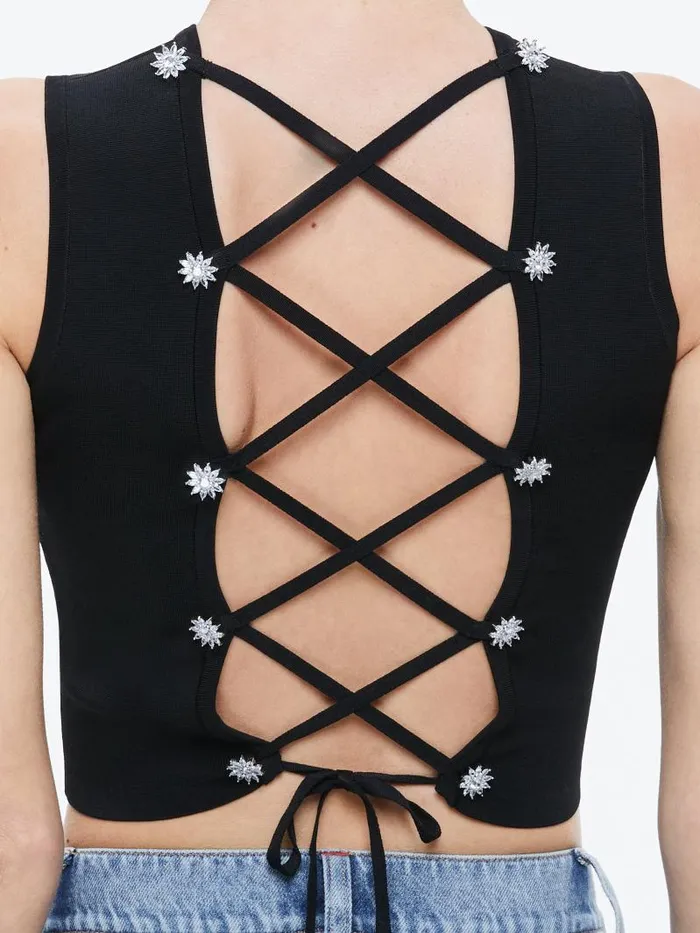 Alice Olivia LOE LACE UP BACK SLEEVELESS SWEATER Black Women Tops