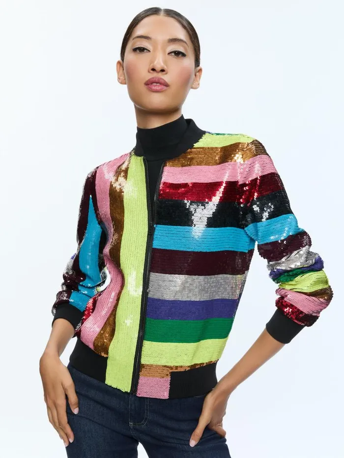 Alice Olivia LONNIE SEQUIN CROPPED VARSITY JACKET Multi Women Jackets Coats