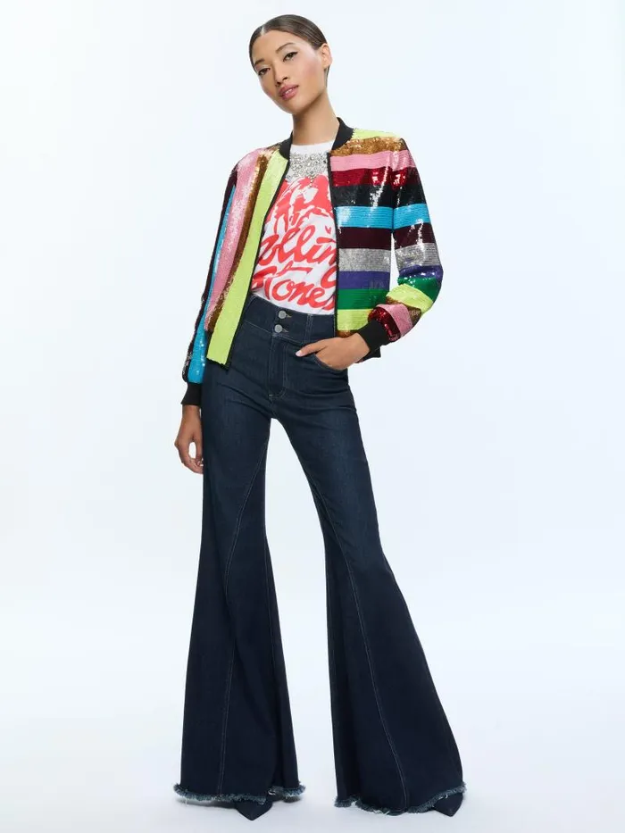 Alice Olivia LONNIE SEQUIN CROPPED VARSITY JACKET Multi Women Jackets Coats