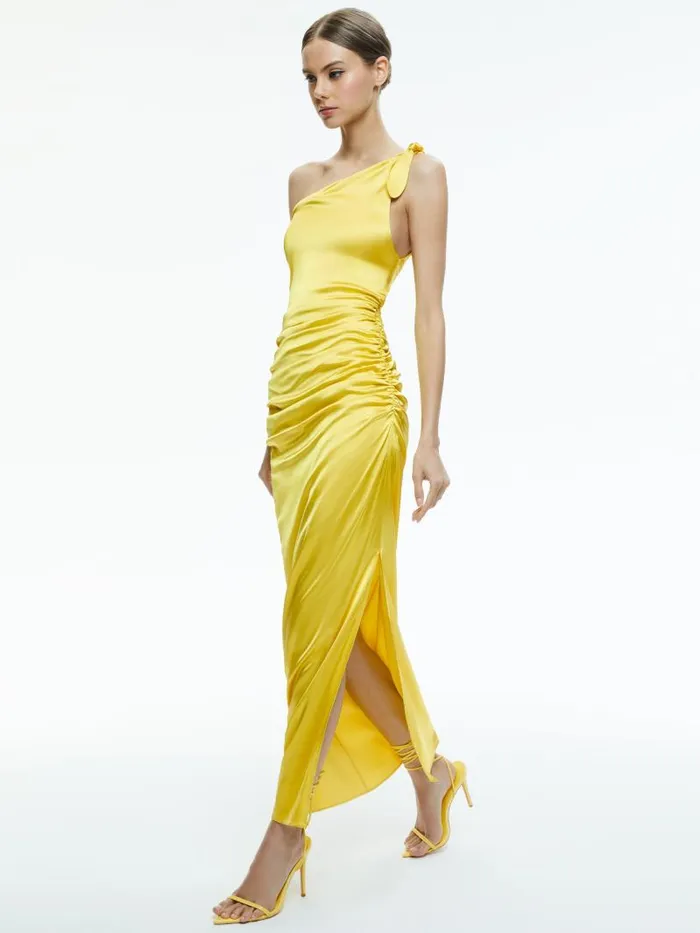 Alice Olivia MARILLA OFF THE SHOULDER RUCHED MAXI DRESS Happy Yellow Women Dresses