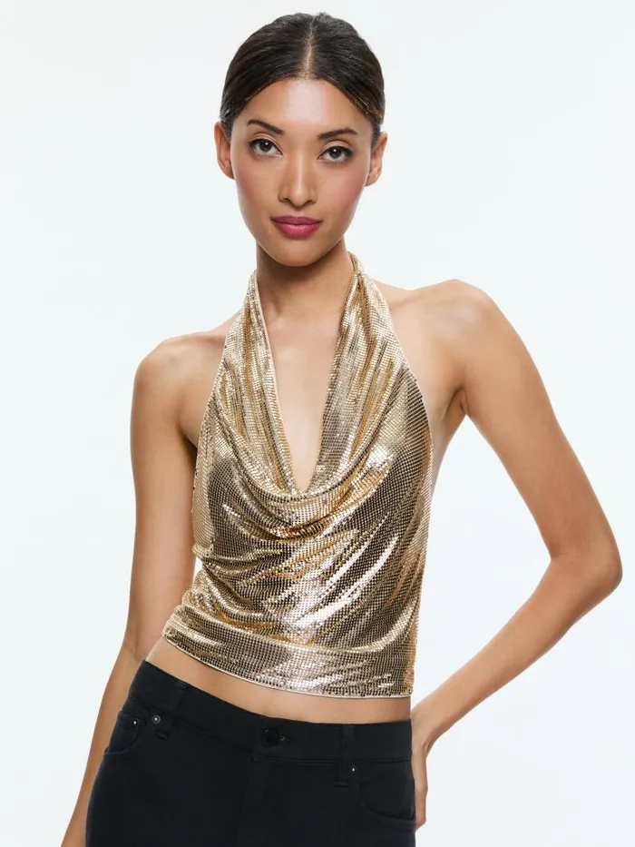 Alice Olivia OLETA CHAINMAIL COWL NECK CROPPED TOP Pale Gold Women Tops