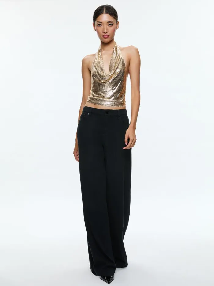 Alice Olivia OLETA CHAINMAIL COWL NECK CROPPED TOP Pale Gold Women Tops