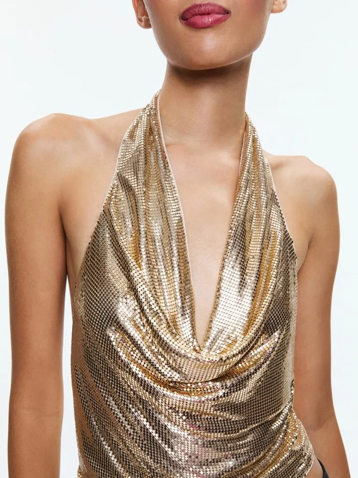 Alice Olivia OLETA CHAINMAIL COWL NECK CROPPED TOP Pale Gold Women Tops