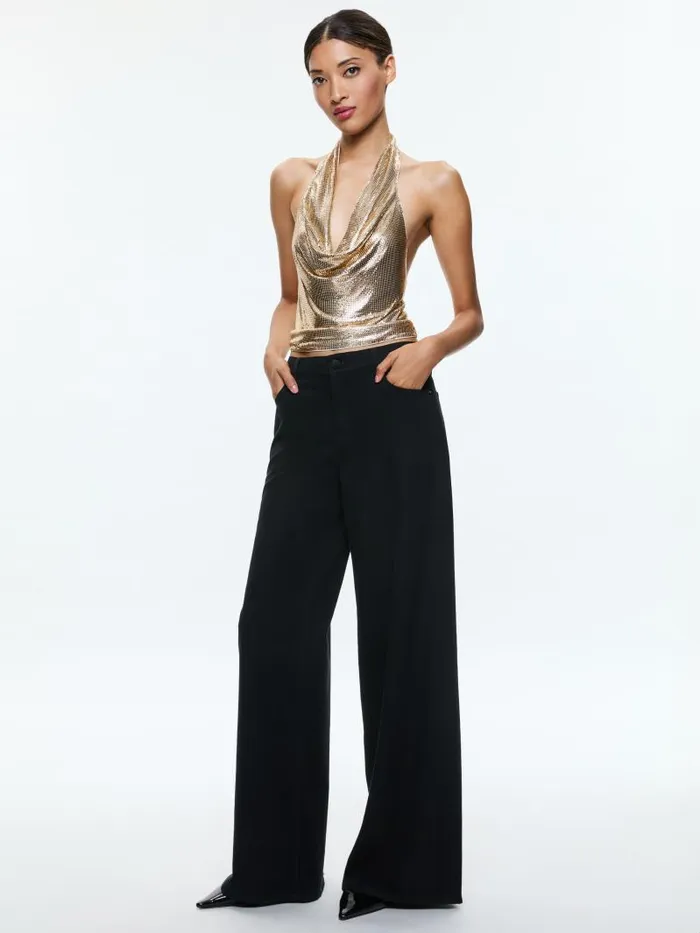 Alice Olivia OLETA CHAINMAIL COWL NECK CROPPED TOP Pale Gold Women Tops