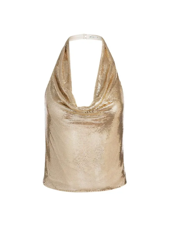 Alice Olivia OLETA CHAINMAIL COWL NECK CROPPED TOP Pale Gold Women Tops