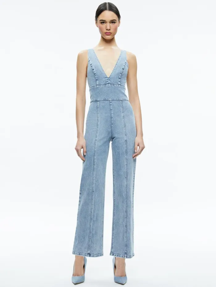Alice Olivia SANDRA DEEP V NECK JUMPSUIT Sullivan Vintage Blue Women Jumpsuits Rompers