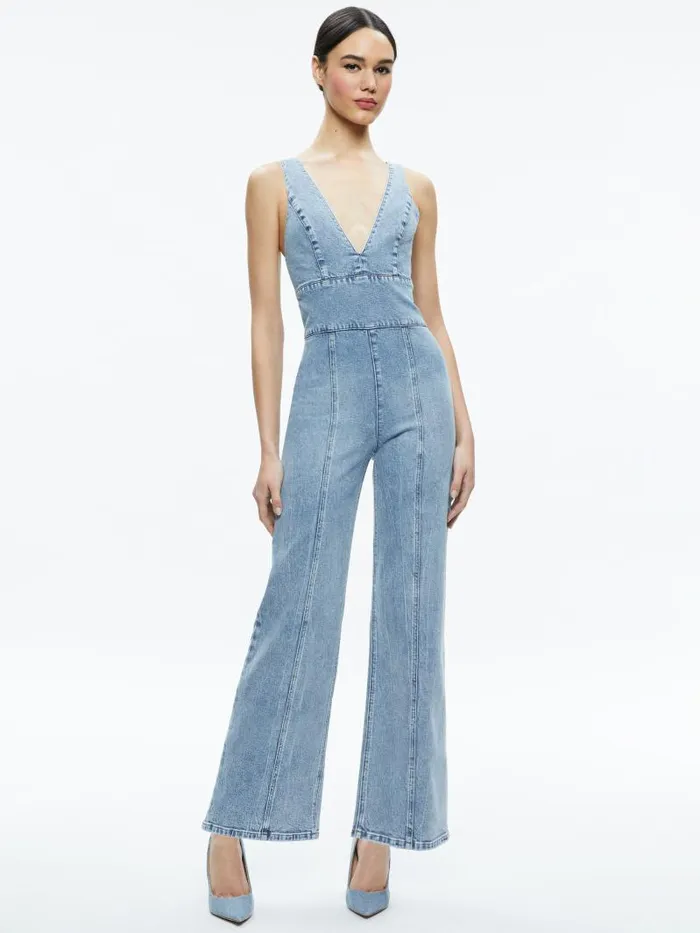 Alice Olivia SANDRA DEEP V NECK JUMPSUIT Sullivan Vintage Blue Women Jumpsuits Rompers