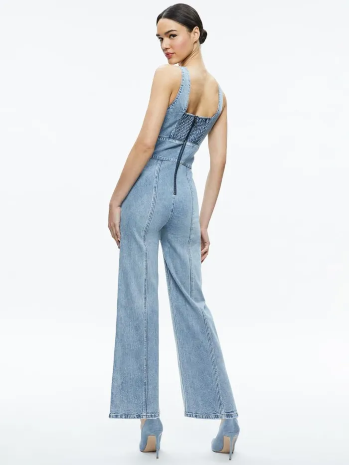 Alice Olivia SANDRA DEEP V NECK JUMPSUIT Sullivan Vintage Blue Women Jumpsuits Rompers
