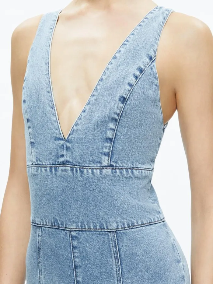 Alice Olivia SANDRA DEEP V NECK JUMPSUIT Sullivan Vintage Blue Women Jumpsuits Rompers