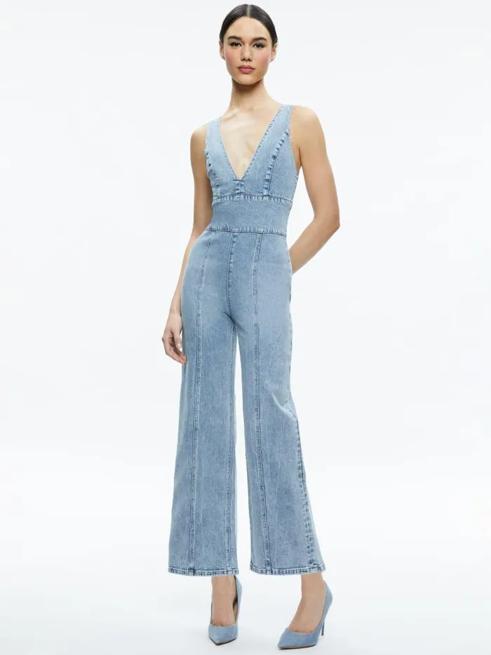 Alice Olivia SANDRA DEEP V NECK JUMPSUIT Sullivan Vintage Blue Women Jumpsuits Rompers
