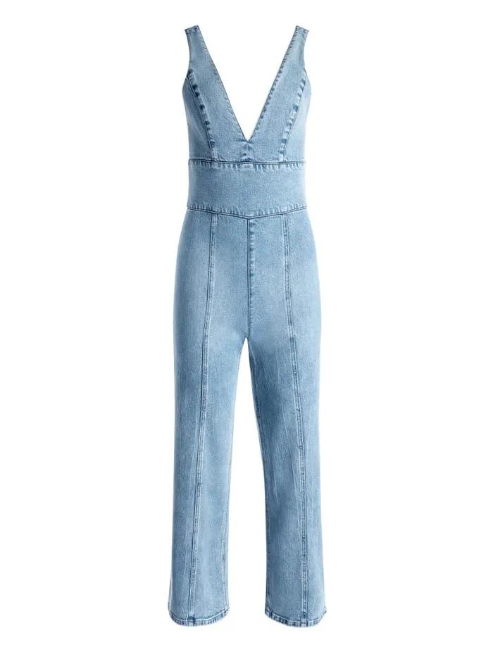 Alice Olivia SANDRA DEEP V NECK JUMPSUIT Sullivan Vintage Blue Women Jumpsuits Rompers