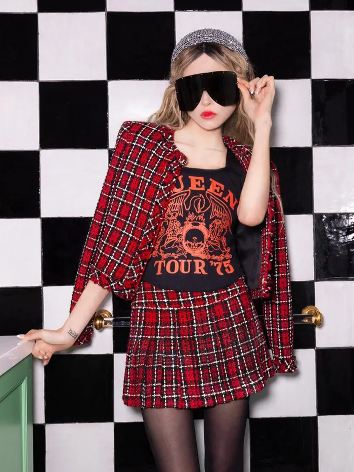 Alice Olivia Schoolgirl Plaid Bright Ruby Women Matching Sets