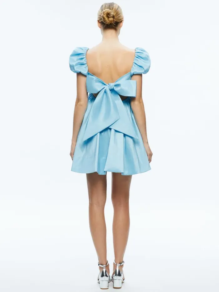 Alice Olivia SHARILYN BUBBLE SLEEVE TIE BACK MINI DRESS Ice Women Dresses