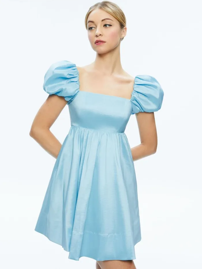 Alice Olivia SHARILYN BUBBLE SLEEVE TIE BACK MINI DRESS Ice Women Dresses