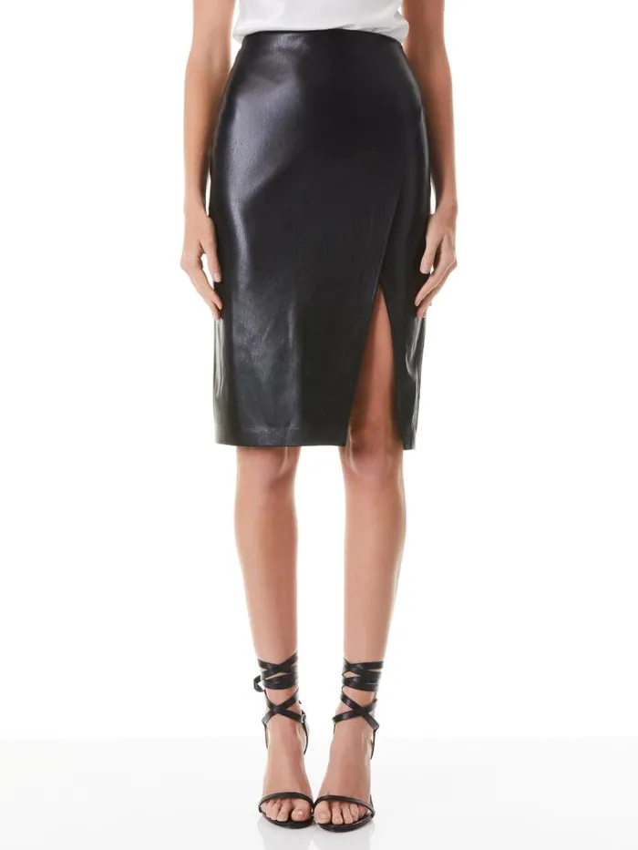 Alice Olivia SIOBHAN FRONT WRAP MIDI SKIRT Black Women Skirts