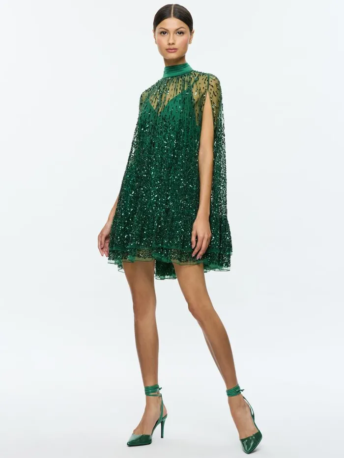 Alice Olivia ZENON EMBELLISHED CAPE MINI DRESS Blacksilver Women Dresses