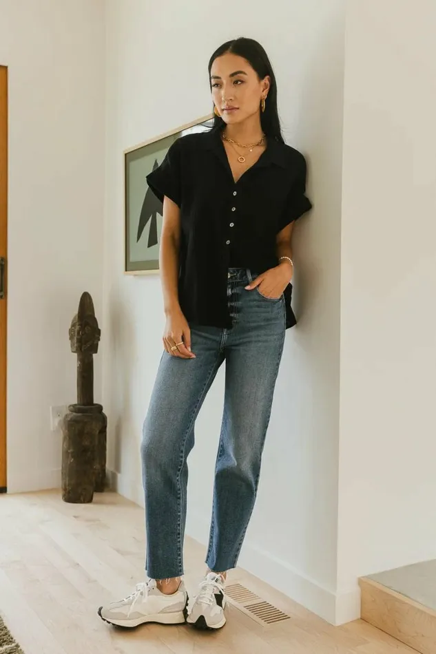Aurelia Button Up Top In Black Black Women Bohme Tops