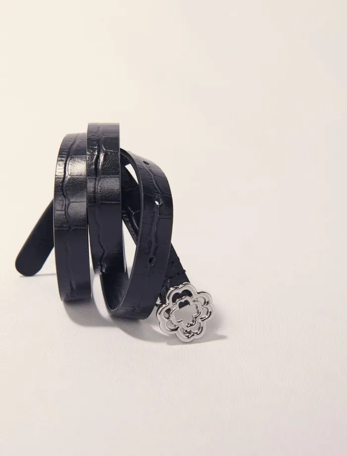 Belts Women Maje Slim Mock Croc Leather Clover Belt Black