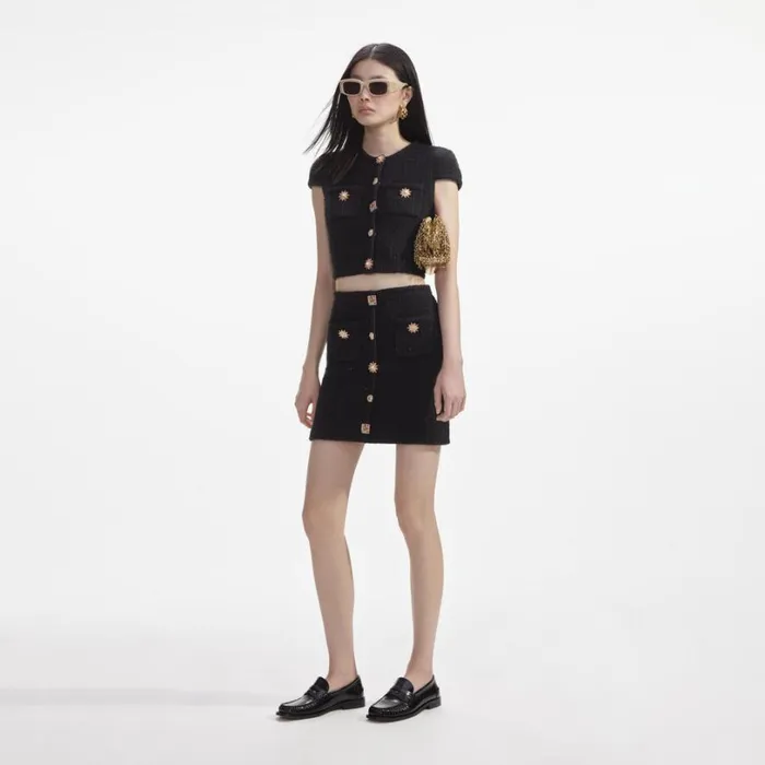 Black Jewel Button Knit Mini Skirt Women Self Portrait Knitwear Black Jewel Button Knit Mini Skirt Women Self Portrait Knitwear