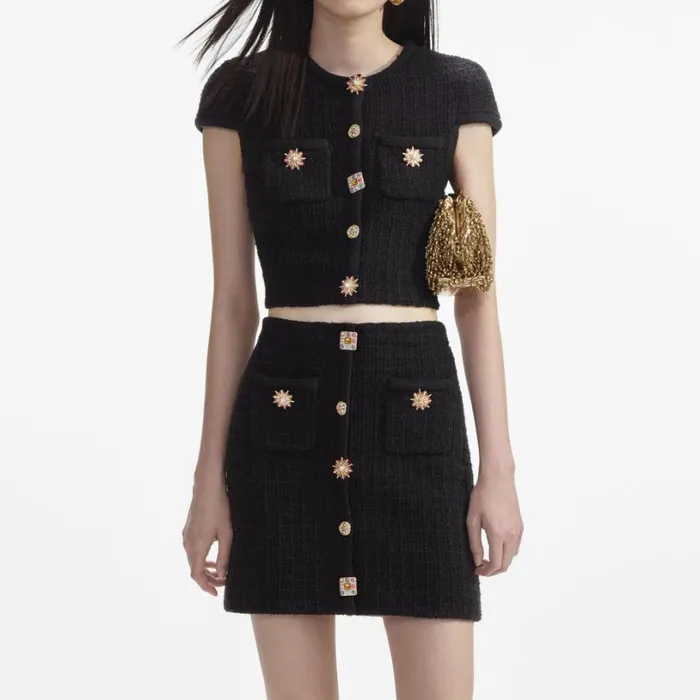 Black Jewel Button Knit Mini Skirt Women Self Portrait Knitwear Black Jewel Button Knit Mini Skirt Women Self Portrait Knitwear