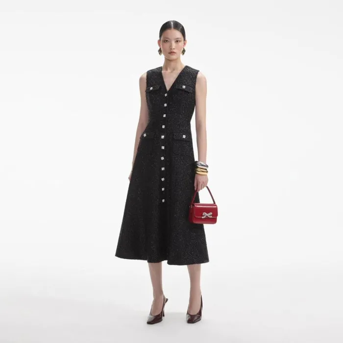 Black Tinsel Boucle Buttoned Midi Dress Women Self Portrait Dresses