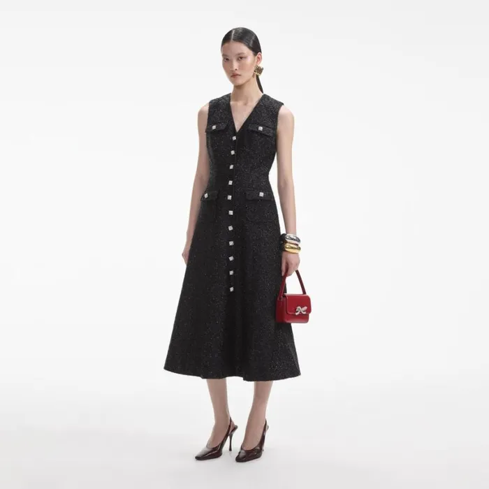 Black Tinsel Boucle Buttoned Midi Dress Women Self Portrait Dresses Black Tinsel Boucle Buttoned Midi Dress Women Self Portrait Dresses