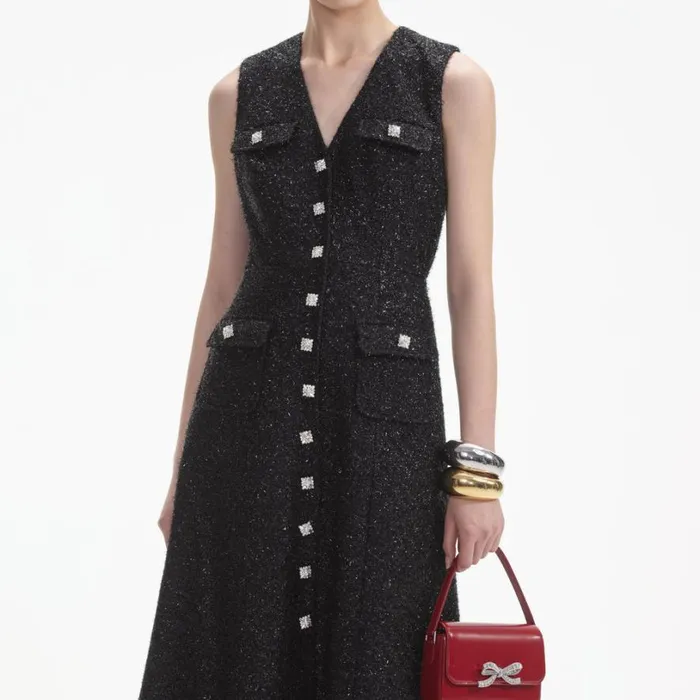 Black Tinsel Boucle Buttoned Midi Dress Women Self Portrait Dresses Black Tinsel Boucle Buttoned Midi Dress Women Self Portrait Dresses