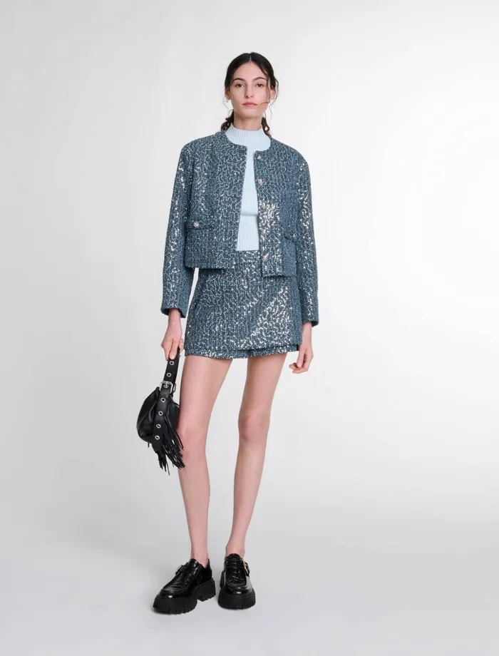 Blazers and Jackets Women Maje Sequinned Tweed Jacket Blue Silver