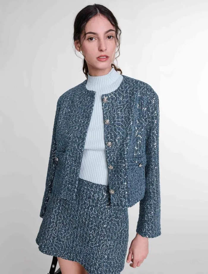 Blazers and Jackets Women Maje Sequinned Tweed Jacket Blue Silver