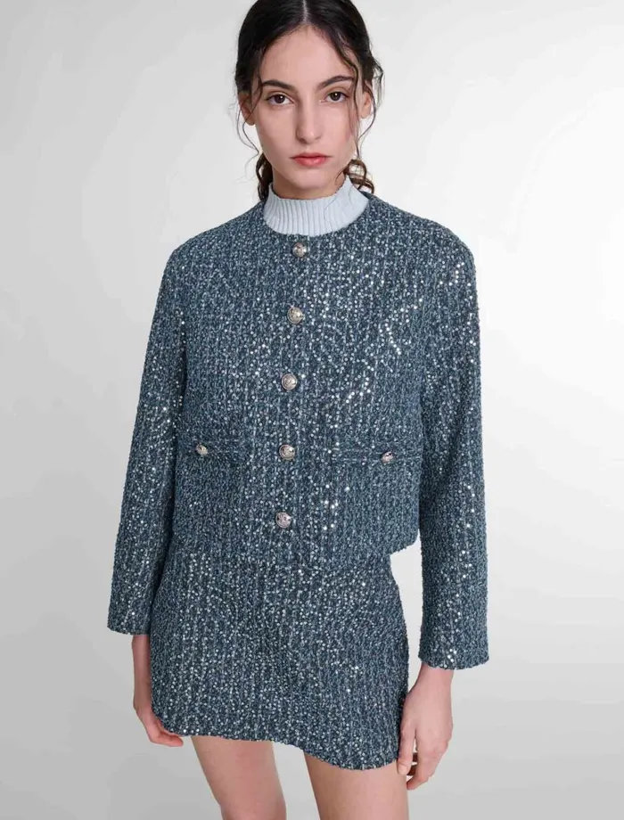 Blazers and Jackets Women Maje Sequinned Tweed Jacket Blue Silver