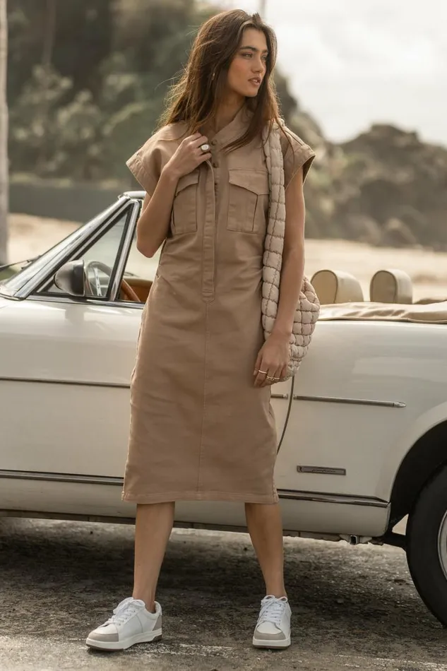 Caitlin Denim Dress In Tan Tan Women Bohme Dresses