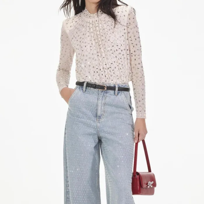 Champagne Mesh Rhinestone Top Women Self Portrait Tops Champagne Mesh Rhinestone Top Women Self Portrait Tops