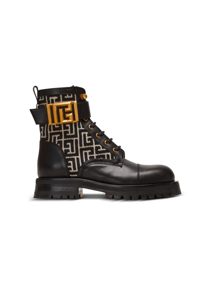 Charlie Monogram Jacquard And Leather Ranger Boots Black Women Balmain Boots