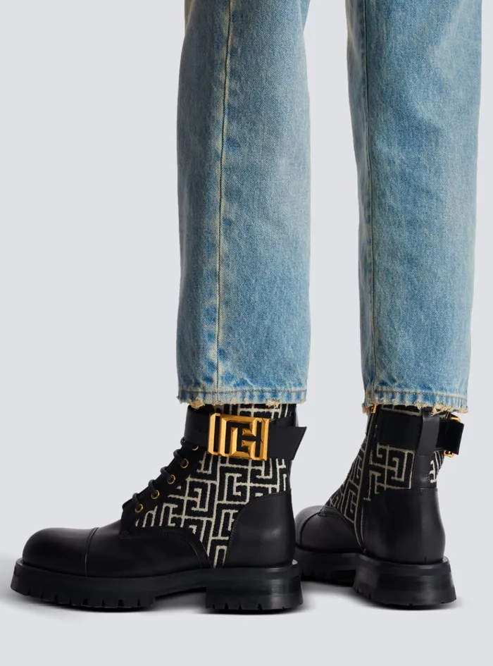 Charlie Monogram Jacquard And Leather Ranger Boots Black Women Balmain Boots