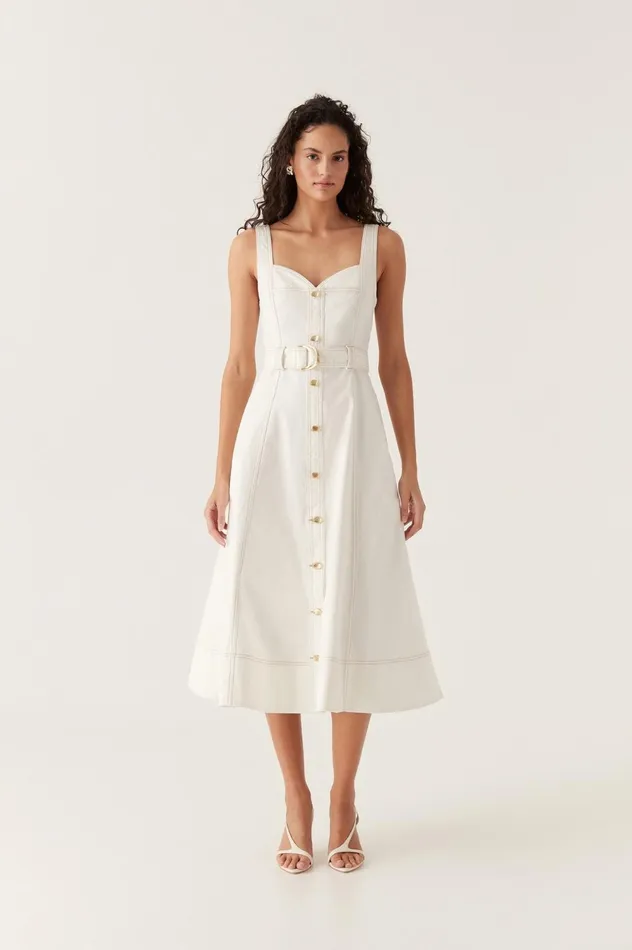 Clay Belted Denim Midi Dress White Women Aje White Dresses