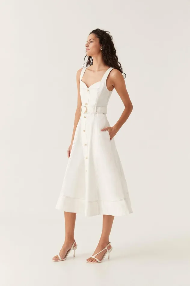 Clay Belted Denim Midi Dress White Women Aje White Dresses