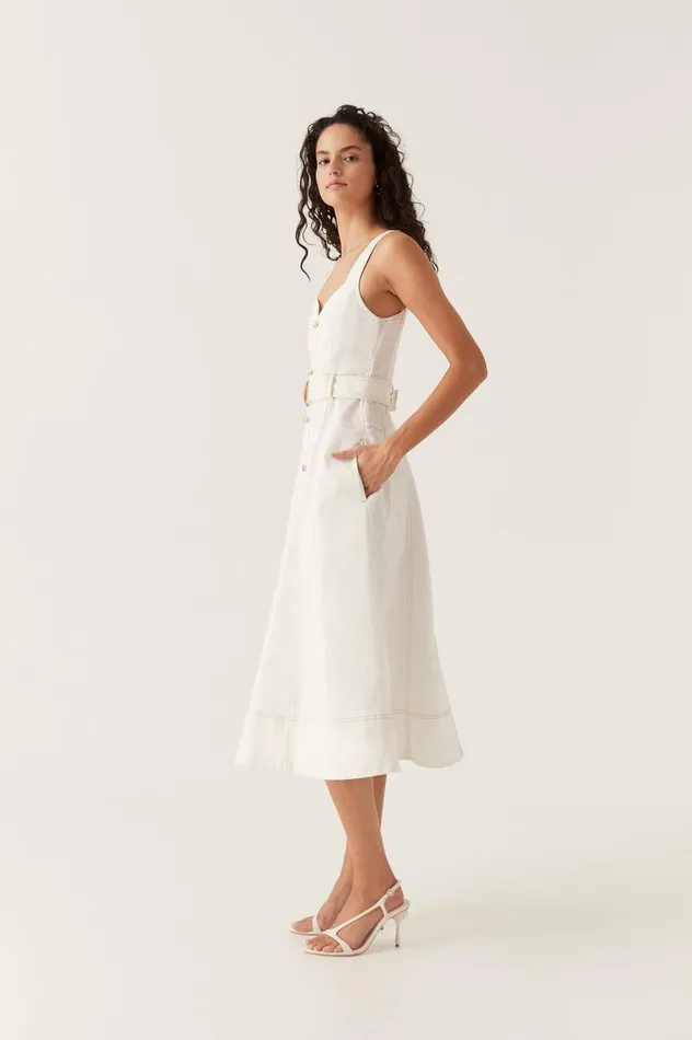 Clay Belted Denim Midi Dress White Women Aje White Dresses