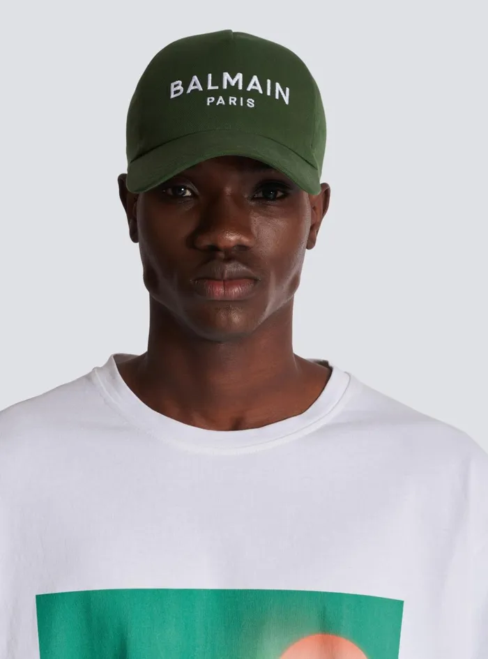 Cotton Cap With Paris Embroidery Khaki Men Balmain Hats And Caps