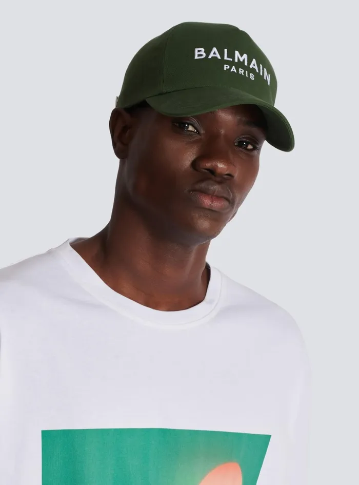 Cotton Cap With Paris Embroidery Khaki Men Balmain Hats And Caps