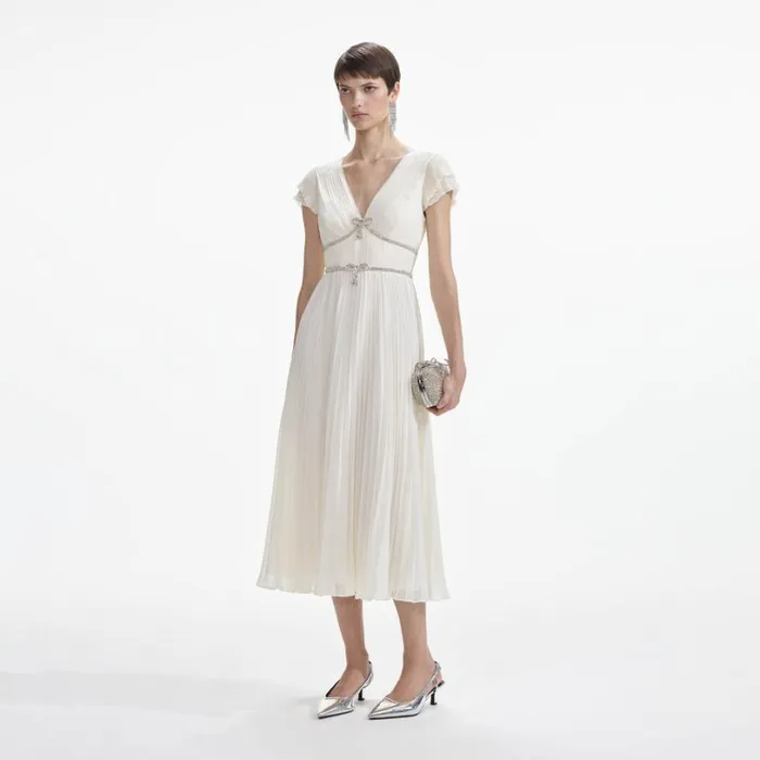 Cream Chiffon Pleated Midi Dress Women Self Portrait Dresses Cream Chiffon Pleated Midi Dress Women Self Portrait Dresses